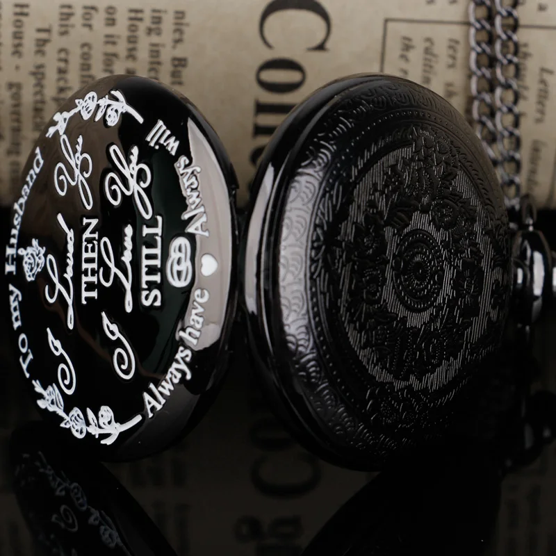 أسود "إلى زوجي" توقيت ساعة الجيب قلادة قلادة خمر Steampunk فوب ساعة للرجال Reloj De Bolsillo