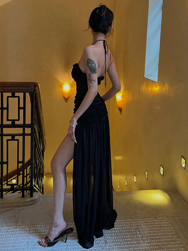 Whatiwear Off Shoulder Backless Sexy Dress Women Spaghetti Strap Low-Neck Mesh Patchwork Splits Hem Prom Party Elegant Vestidos