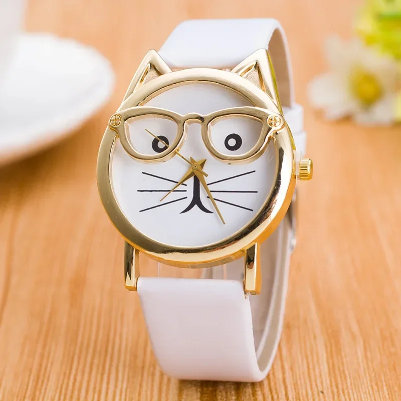 Women Geneva Watch Leather Strap Analog Quartz Wrist Watches Leopard Cat Face Glasses Kids Clock Ladies Watch Relogio Feminino