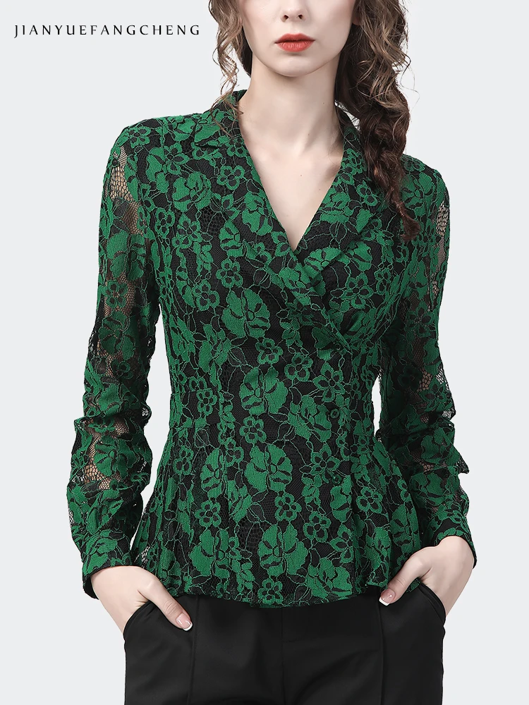 Fashion Womens Long Sleeve Suit Collar Green Lace Shirt Vintage Chic Side Placket Cinched Waist Ladies Top Casual Office Blouse