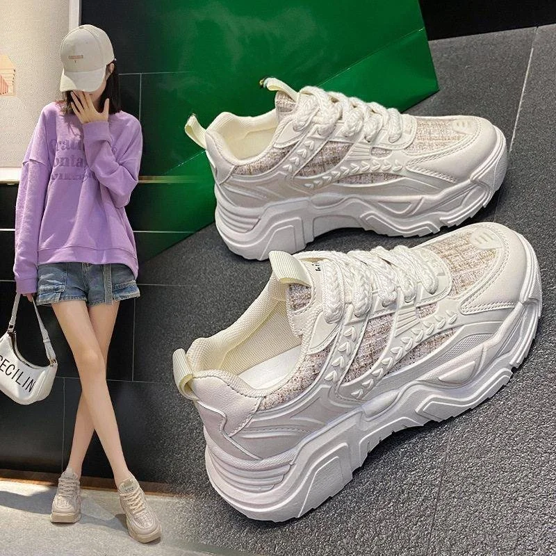 

Women's Sport Shoes Breathable Wear-Resistant Thick Bottom Dad Shoes Casual All-Match Comfortable Pure Color Cross Buckle
