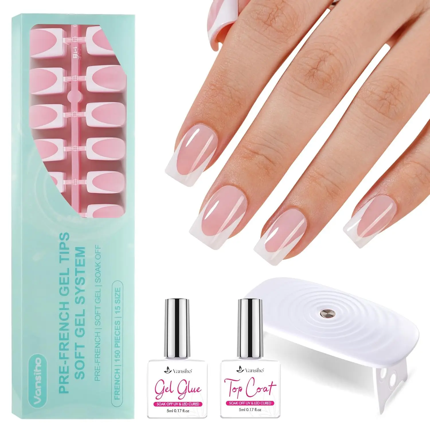 

Pink Short Square French Tip Press On Nails Kit with Gel & Top Coat for DIY Home Manicure