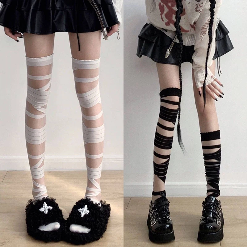 Lolita Black And 1PC White Bandages Thin Jk Uniform Cross Straps Long Knee Length Stockings Women\'s Cosplay Sexy Thigh Stockings