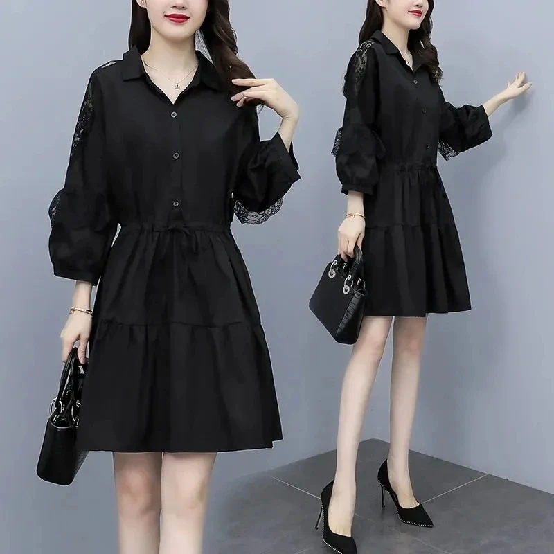 

2024 Spring Summer New Dress Women Fashion Slim POLO Lead Lace-Up Long-sleeved Evening Dresses Female Dress
