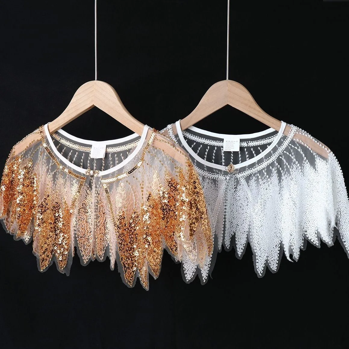 Shiny Feather Fake Collar Sequin Lace Cape Sleeveless Hollow Out Crochet Shrug Summer Outerwear