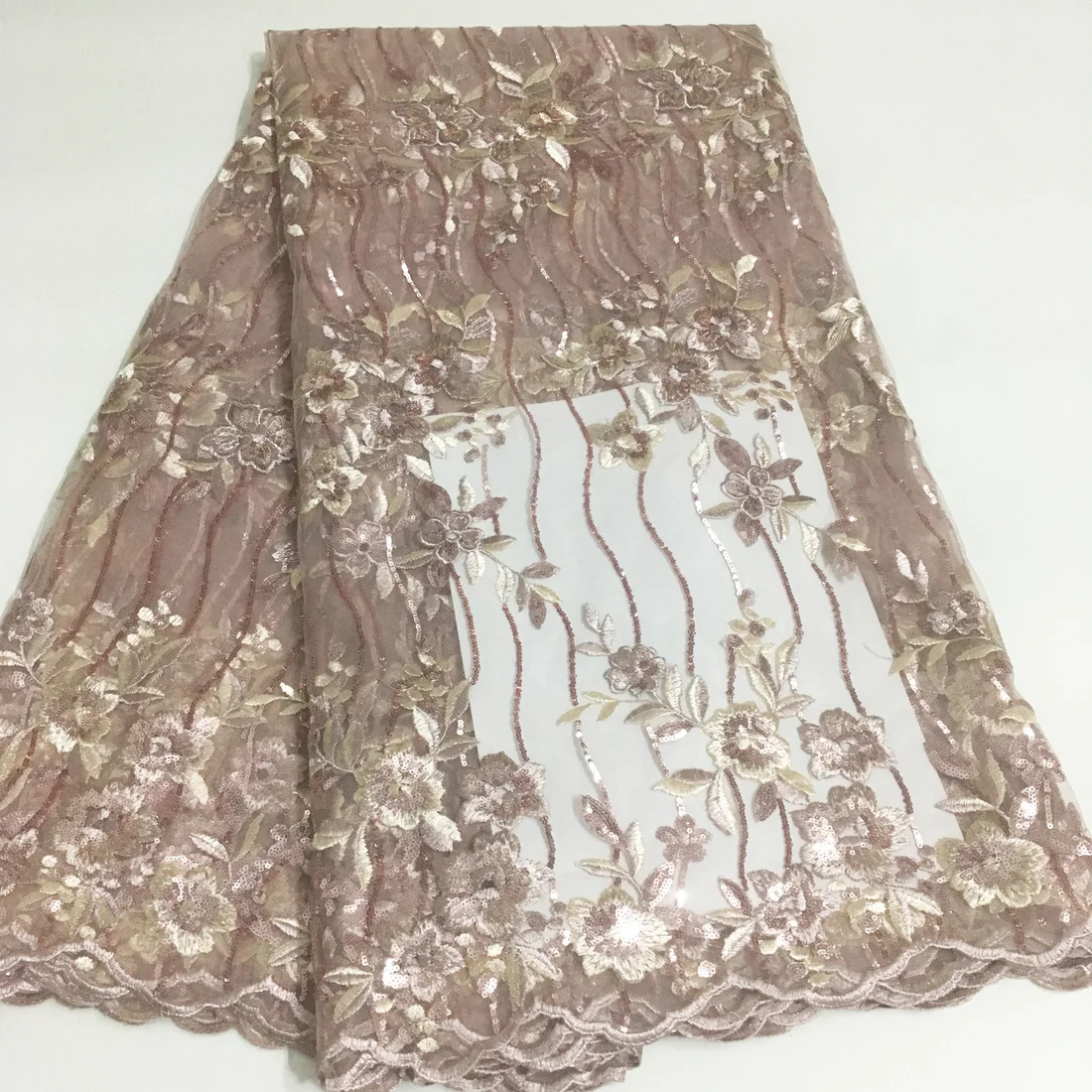 

New Design Pink Gold French African Lace Fabric 2025 High Quality Sequins Nigerian Lace Fabric For Women Party Dress Sew KYX2402