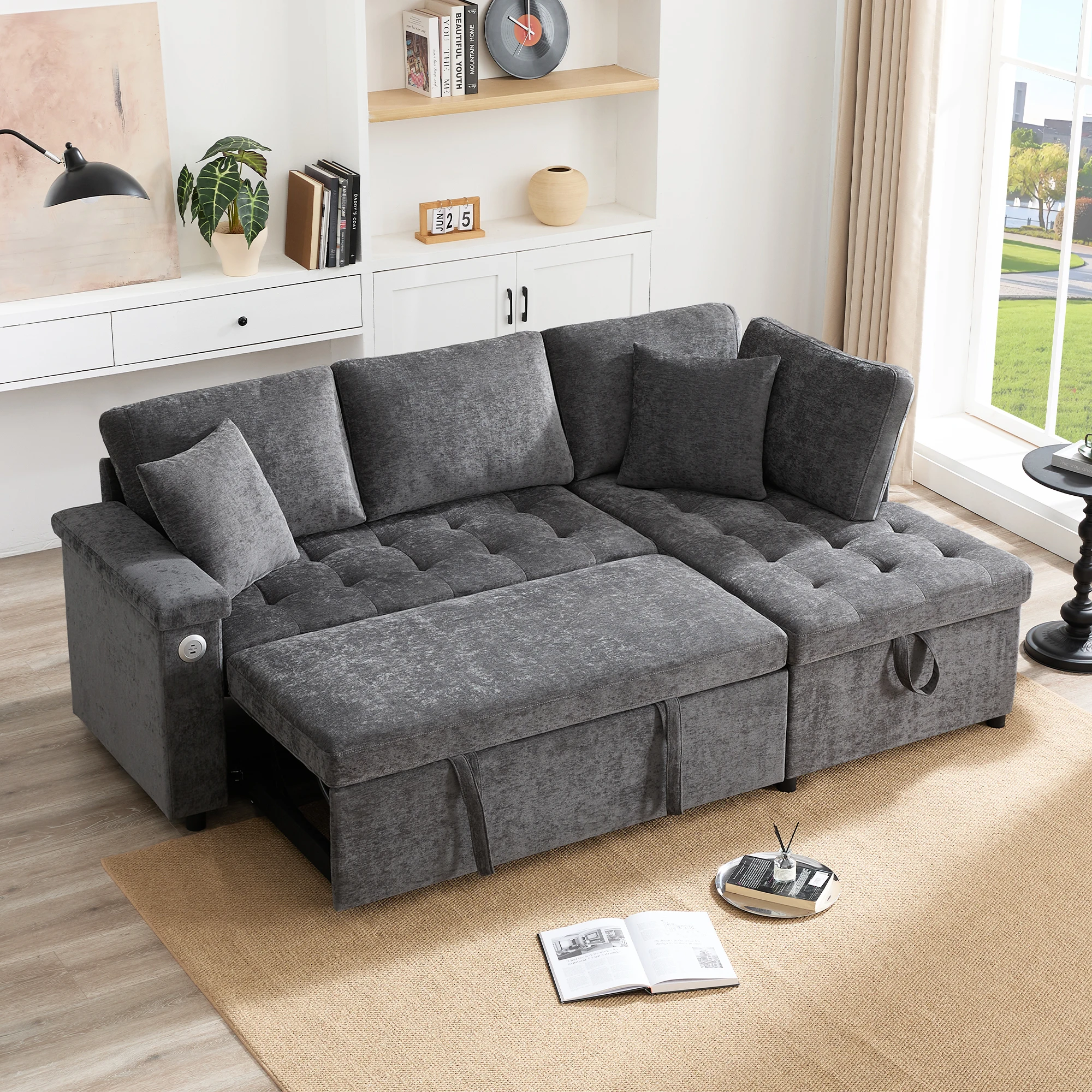 Sofá esquinero convertible de 3 a 4 plazas con compartimento de almacenamiento, puerto USB, portavasos, 2 cojines, chenilla gris oscuro 209 × 130 × 84 cm