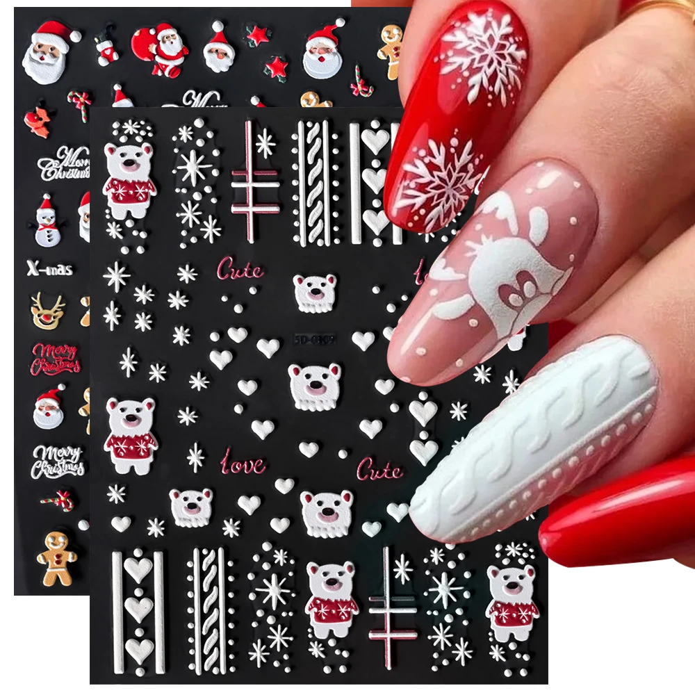 

5D Christmas Nail Stickers Deer Santa Claus Winter Snowy Tree Embossed Sliders Cute Cartoon Penguin New Year Decals Sticker