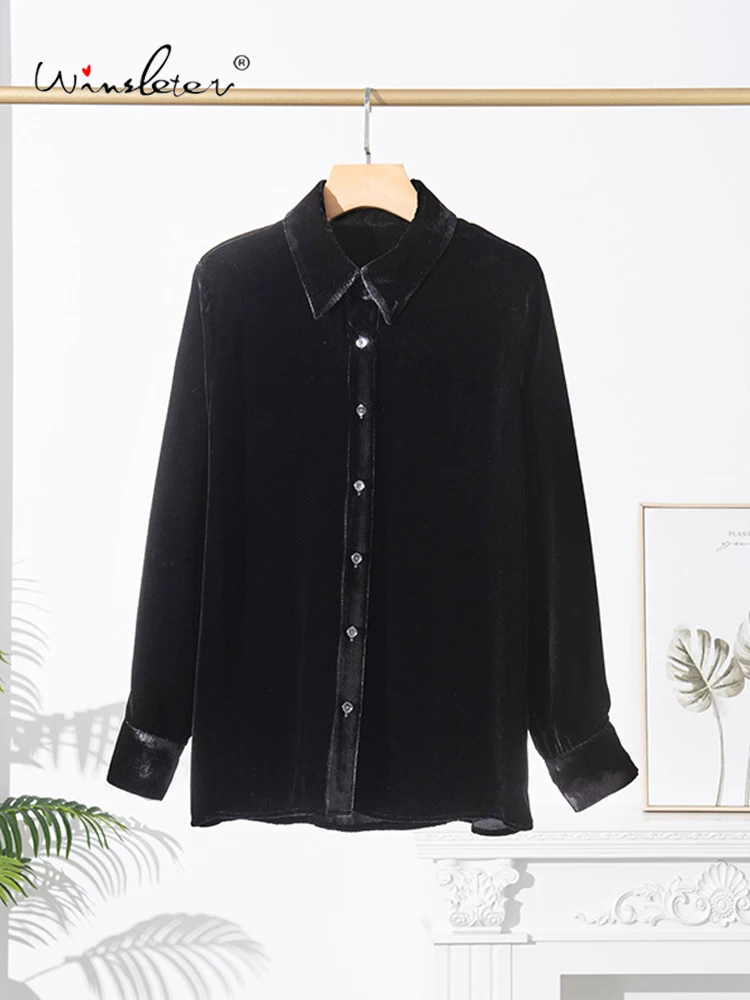 

Winsleter-Bottom 100%Real Silk Elegant Velvet Shirt, Turn-down Collar, Women Vintage Commute Loose Blouse, 2026 Spring T61737CC