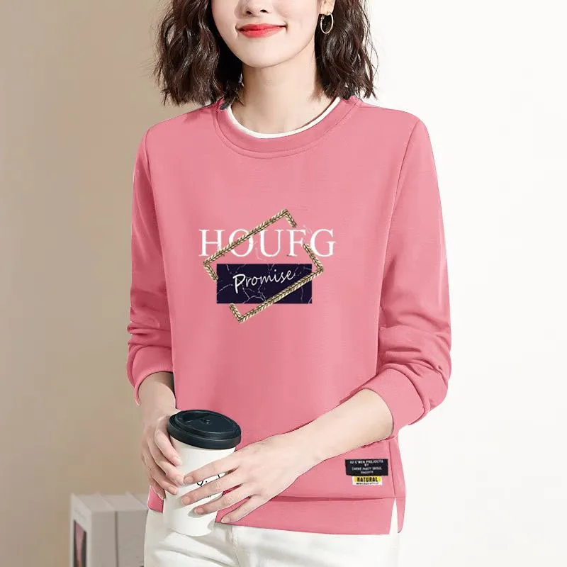 New Autumn Fashion Loose Trendy Round Neck Versatile Age Reducing Fleece Covering Long Sleeve Casual Style Letter Women\'s Sweate