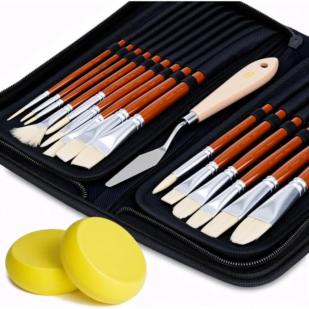 

Artist Paint Brush Set 15pc - Short Handle Bristle Brushes for Oil, Acrylic, Gouache, Watercolor - Includes Case, Palette, Knive