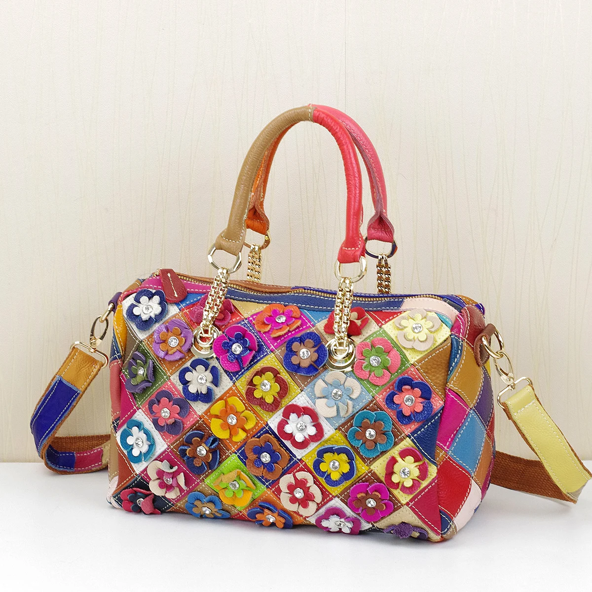 

Fashion design women's bag genuine leather cowhide messenger bag colorful flower plaid chain women's handbag