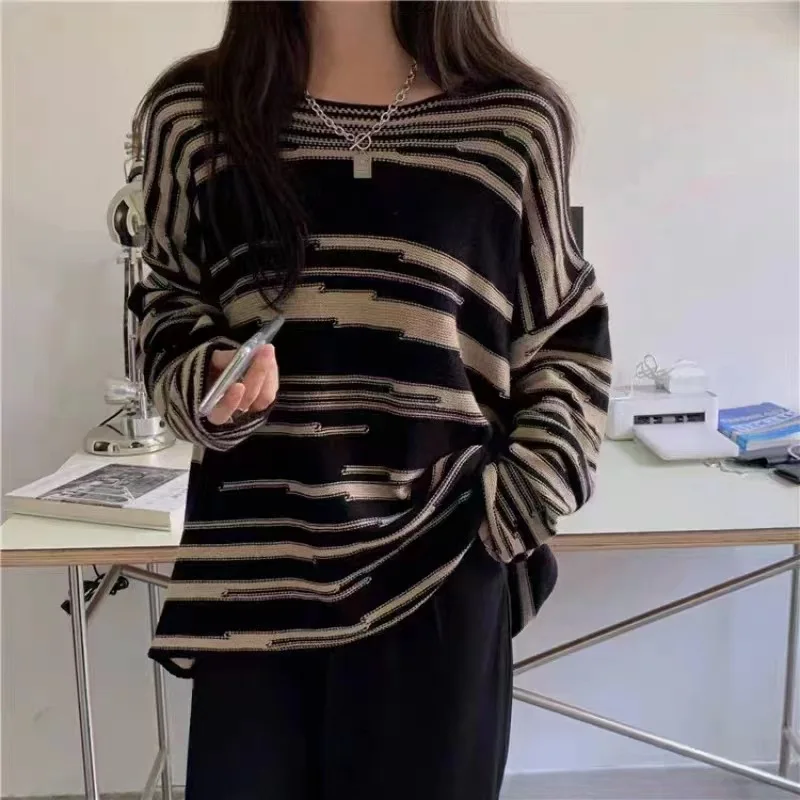 Pullovers Women Fashion Autumn O-neck Loose Female Zebra Striped Sweaters Knitted Casual Ulzzang Vintage Street Hip Hop Chic Ins