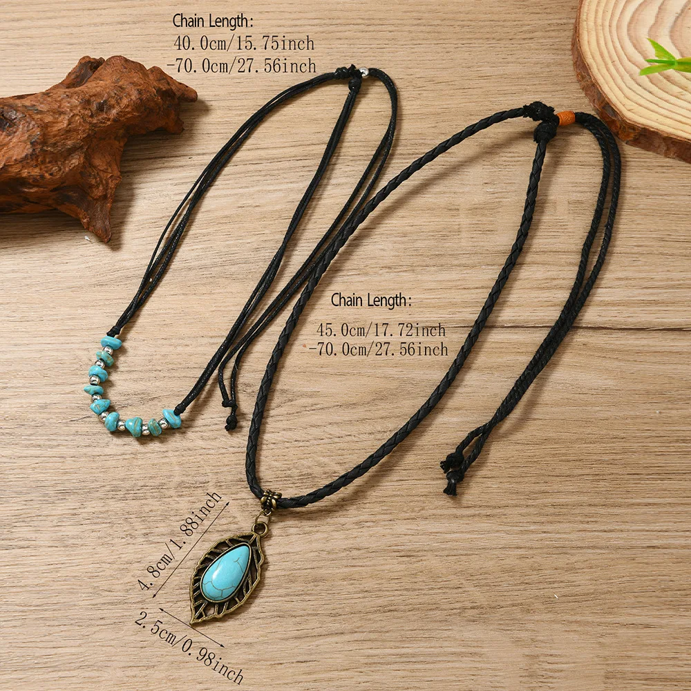 Minimalism Bohemian National style Punk  Personality  2-piece set Turquoise Leaves Beads Leather Stainless steel  Collar chain