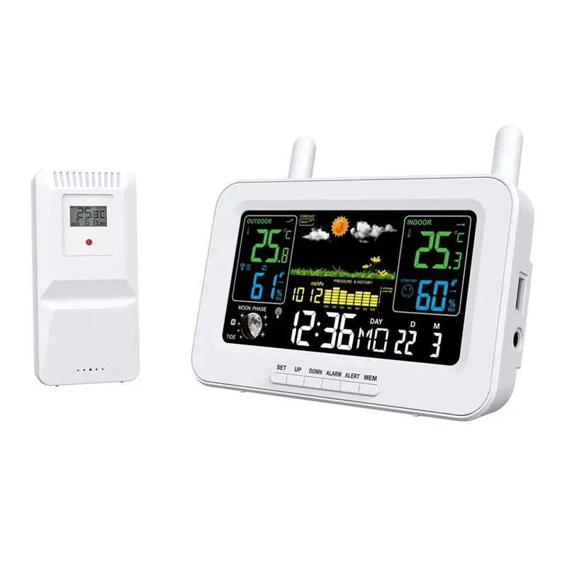 Color Screen Digital Weather Station Sunrise And Sunset Thermometer Hygrometer With Wireless Outdoor Sensor EU Plug B-A12I