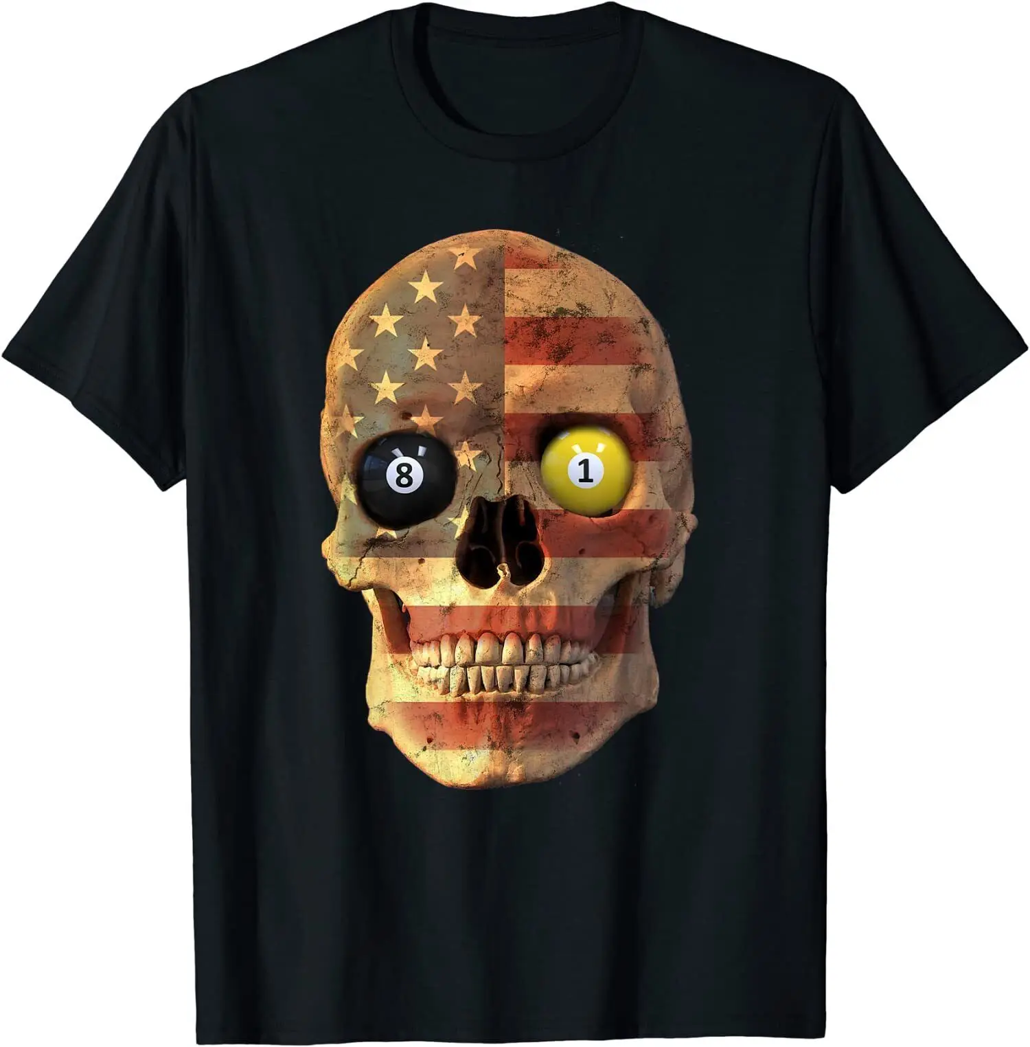 

NEW LIMITED Funny Pool Billiard Design - Skull with US Flag T-Shirt Size S-3XL