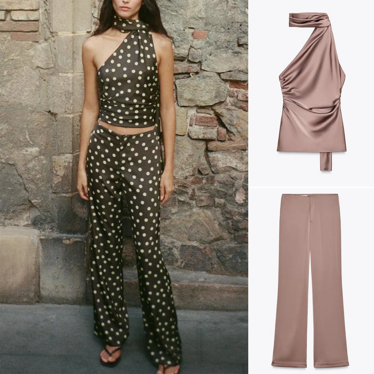 

Шелковый атласный атласный шарф, топ со средней талией, расклешенные брюки, комплект Faion, женская осенняя повседневная одежда, костюм из двух предметов