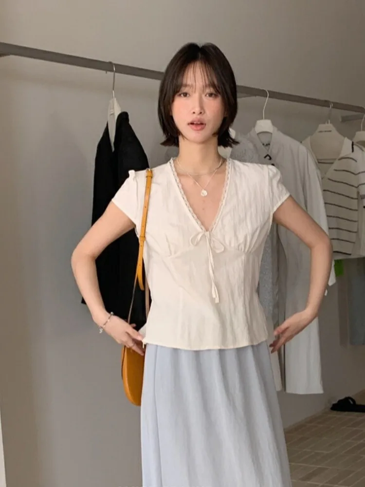 

Женский топ Sweet Summer Commute Sle irt ort Sve V-Ne с кружевной отделкой и узлом для похудения, прямой крой, тонкий материал