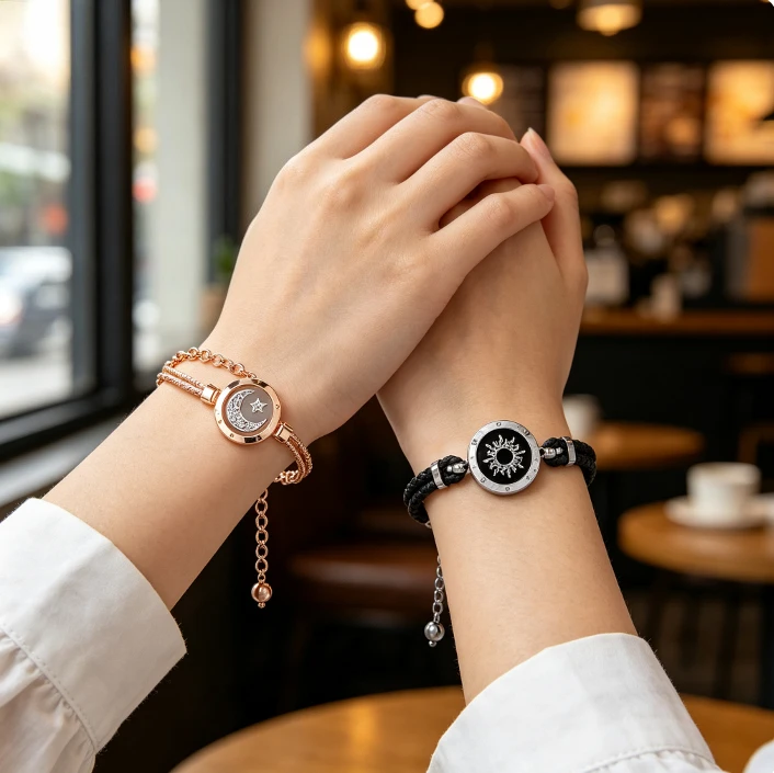 Pulseras de pareja con motivos de sol y luna, ideales para parejas que se distancian, con tecnología de inducción inteligente, luces intermitentes y vibración, perfectas para el Día de San Valentín.
