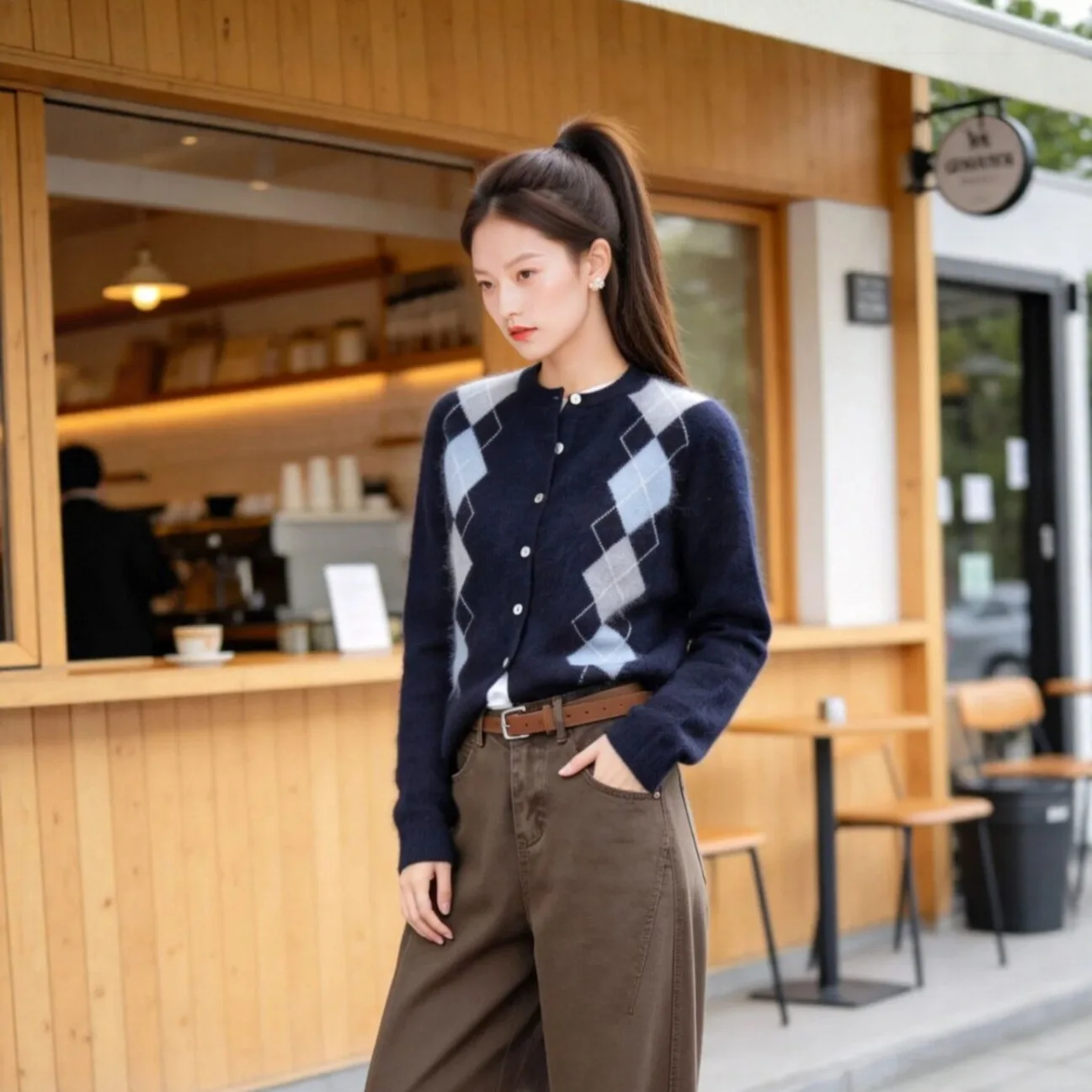 5% mulberry silk  10% cashmere  85% wool cardigan  women's diamond grid college style round neck knitted jacket