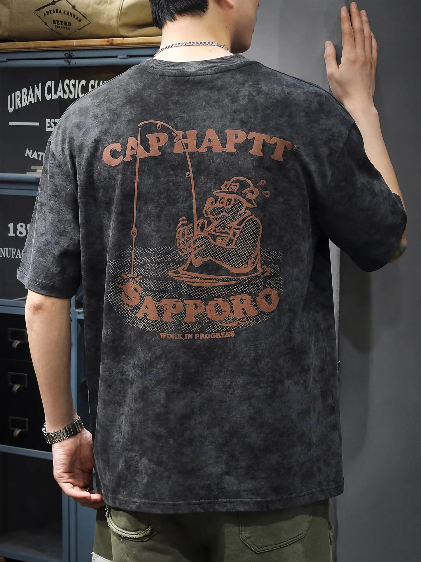 nouveau-t-shirt-d'ete-a-manches-courtes-pour-homme-imprime-peche-coupe-ample-teinture-effet-nuage-en-pur-coton-col-rond