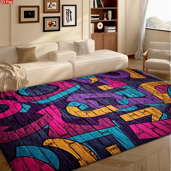 Colorful Graffiti Brick Wall Carpet Flooring, Street Art Non-Slip Floor Rug for Living Room Teen Bedroom Home Decoration