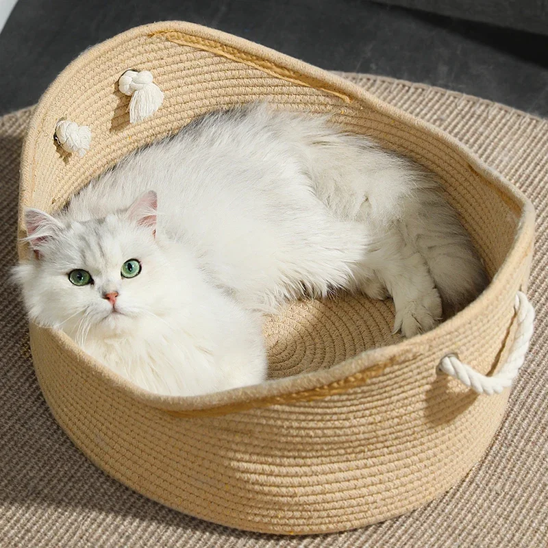 Handcrafted Rattan Cat Bed Puppy Kennel Woven Summer Cool Nest for Cat Kitten Scratching Sleeping Mat Cat Lounger Cushion