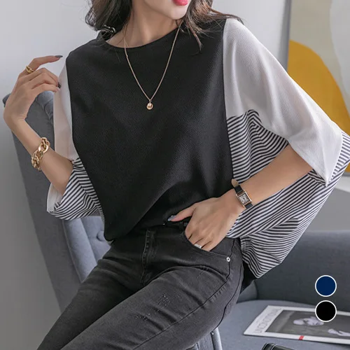 New Women's Fashion Spliced Stylish Age-reducing Chiffon Blouse Top With A High-end Feel And Loose Batwing Sleeves T-shirt