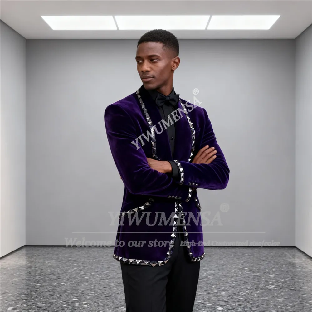 

Роскошный бархатный костюм с бриллиантами и бисером для мужчин, пиджаки с шалью и лацканами для жениха, индивидуальные комплекты из 2 предметов, мужские банкетные смокинги, наряды