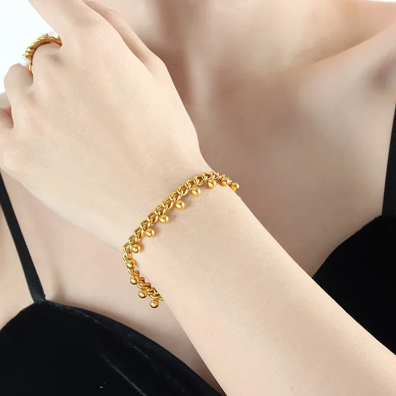 VQYSKO Retro Style Golden Ball Bracelet Steel Ball Pendant Splicing Tassel Bangle New Mom Gift Perfect for Her