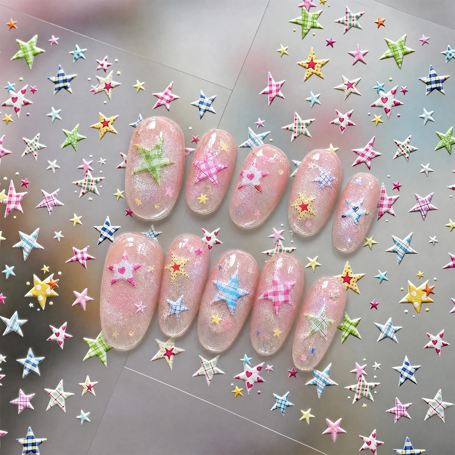 1Pcs 5D Colorful Plaid Star Nail Stickers Checkered Five Pointed Stars Self Adhesive Nails Decals Y2K Pentagram Manicure Decor N