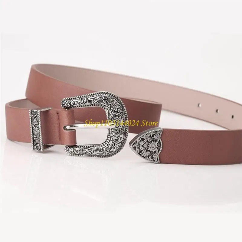 

N5KE Women Belt for Jeans Pin Buckle Carve Patterns PU Leather Belt Waist Belt Female Costume Cowboy Clothing Accessories