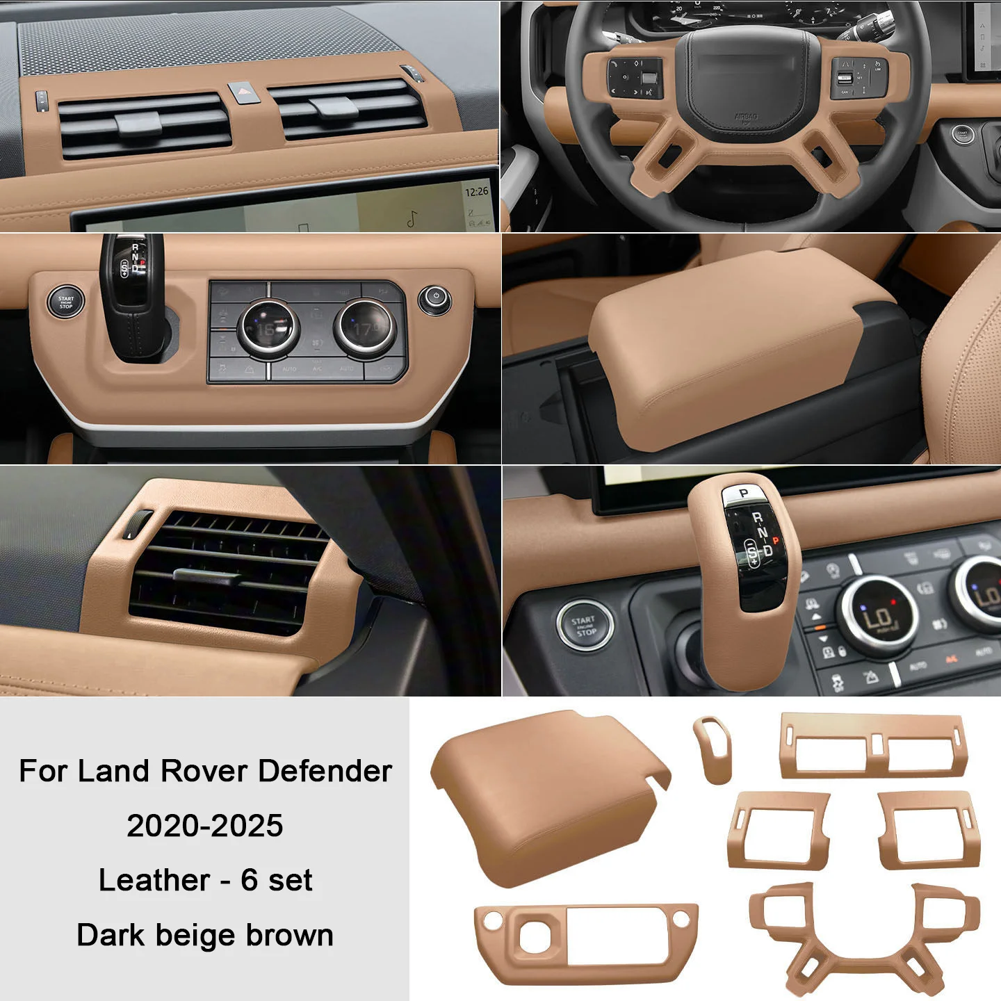 Car Color Leather Overlays on Steering Wheel, Armrest, Gears, Shift Panel Cover for Land Rover Defender 110/130/90 2020-2025 view 6