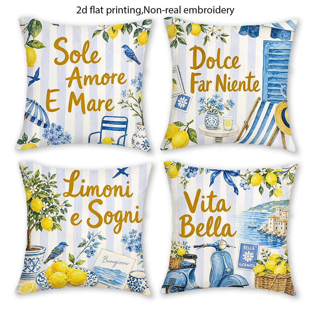 4pcs Amalfi Coast Lemon Italian Quote Throw Pillow Covers Summer Blue Stripe Coastal Cushion Cases