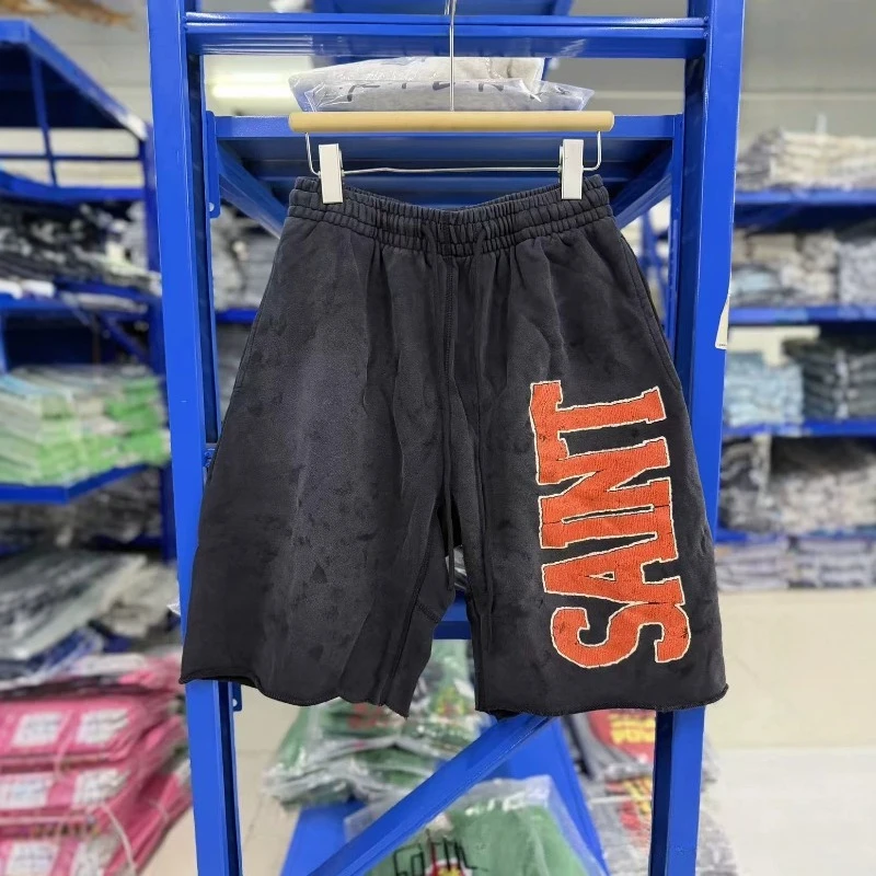 2026SS SAINT Unisex Washed Vintage Letter Print Oversized Casual Sports Shorts Men Women Fashion Pants