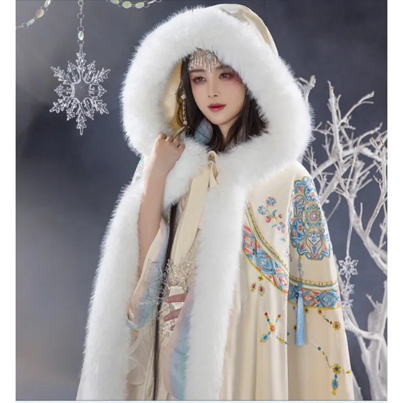جديد Hanfu Dunhuang على غرار كيب المرأة سميكة الصوف الدفء طويل الصناعة الثقيلة النمط القديم المطرزة الصوف الياقة الرأس