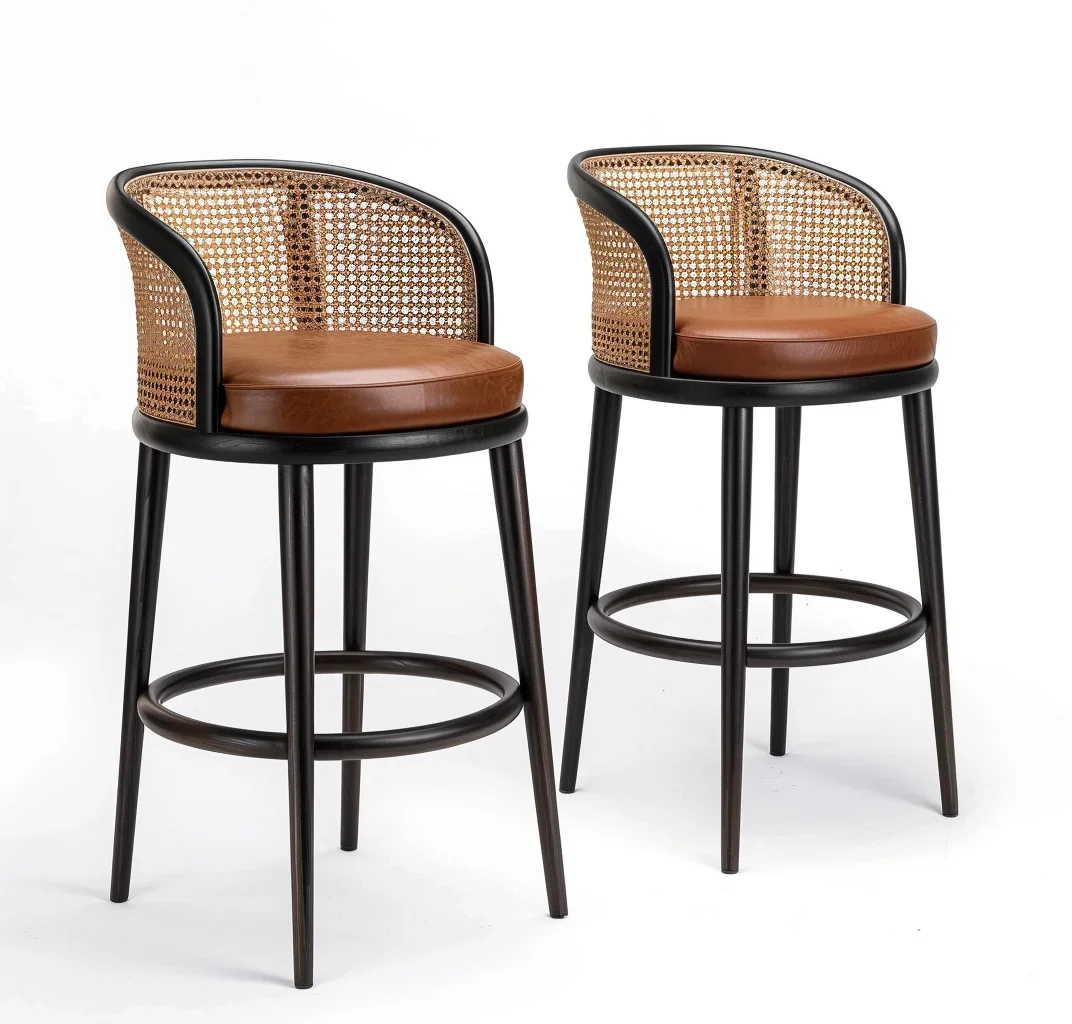 Outdoor Indoor Metal Leg Rattan Backrest Upholestered Seat Pub Counter Bar Stool High Bar Stools Outdoor