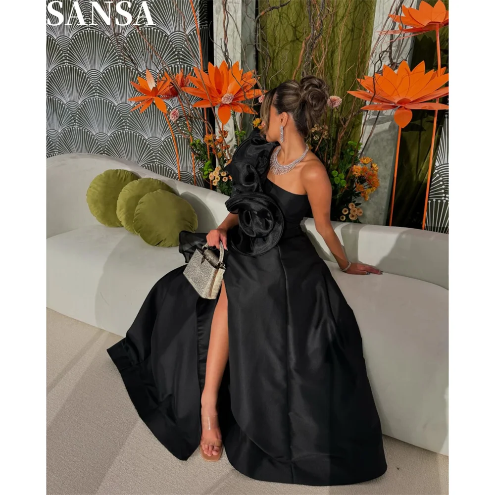 Sansa Exquisite Satin Prom Dress Customized One Shoulder Floor-Length Wedding Dresses Side Splite 3D Floral Vestidos De Fiesta