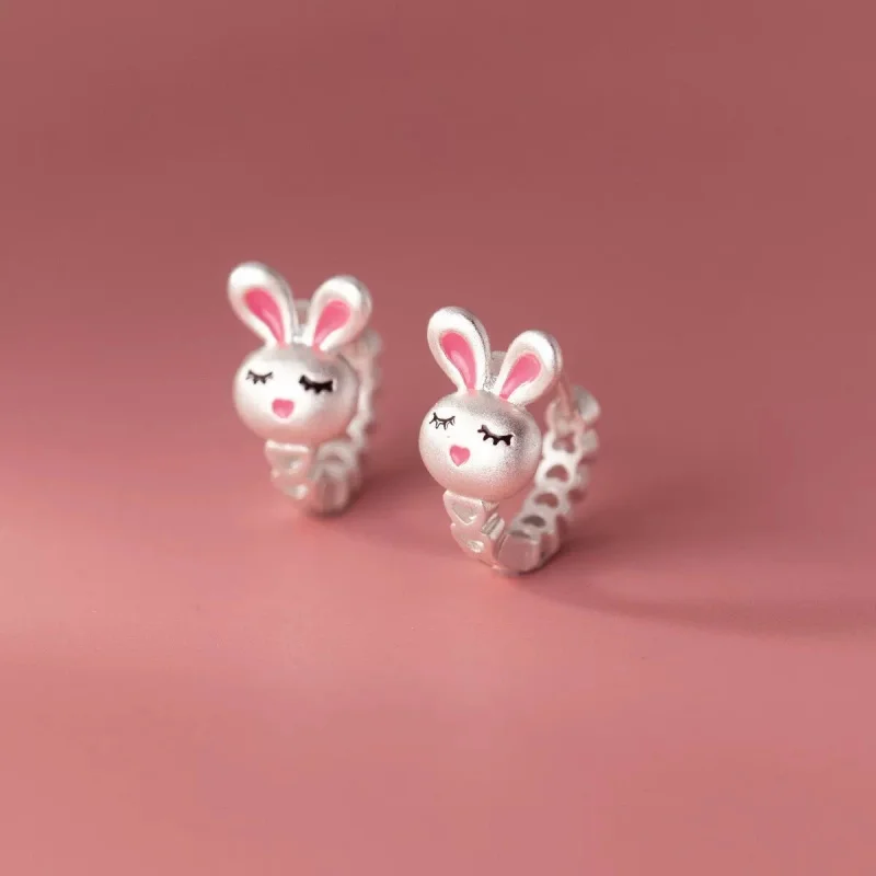 Hot selling new 925 sterling silver frosted cute pink rabbit ear buckle with exquisite temperament and animal earrings ED055