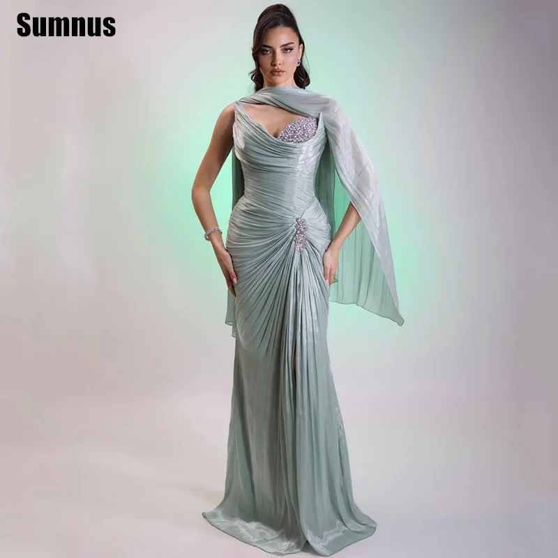 

Вечернее платье Sumnus Luxury Mermaid Sage Green с бисером, вырезом-лодочкой, плиссировкой, макси-платье для выпускного вечера 2026, гала-платье с шарфом, на заказ
