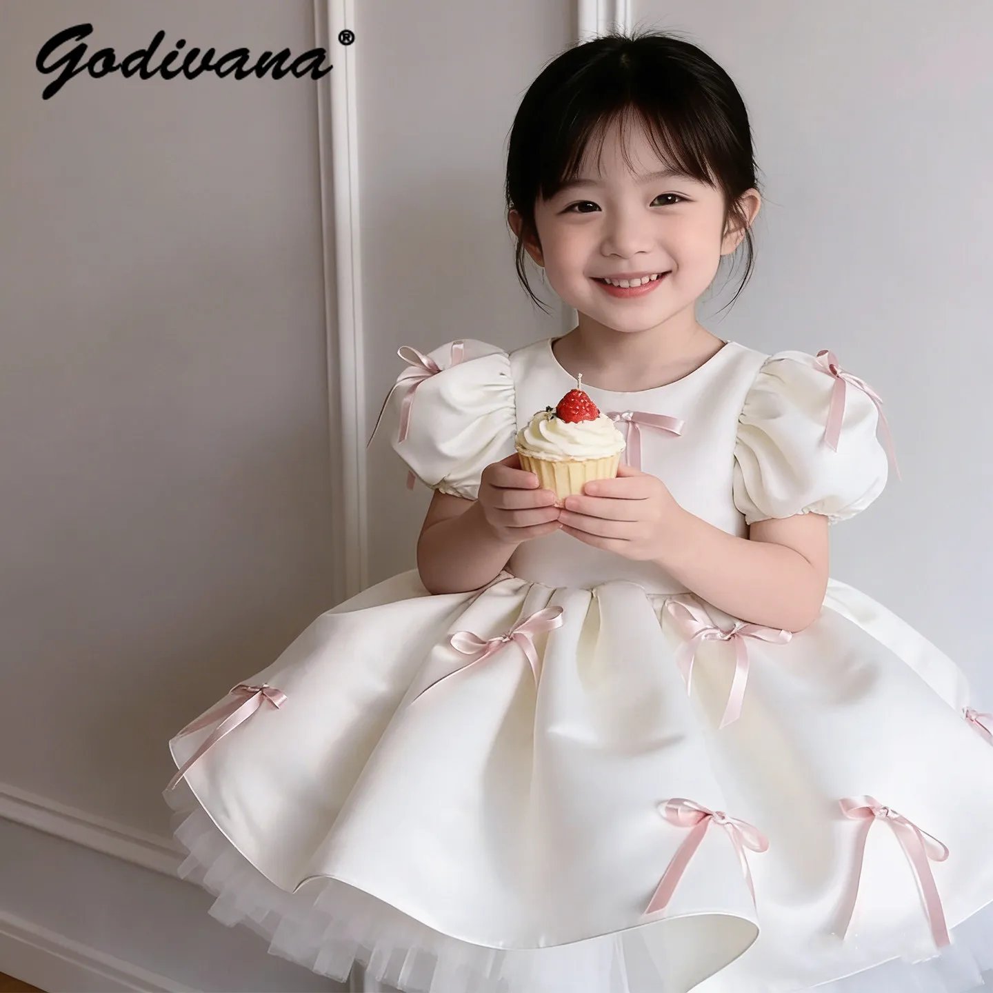 Baby Girls Birthday Party Gown Luxury Unique Wedding Floral Girls Dress Kids Puff Sleeve Bow Mesh Patchwork Princess Dresses