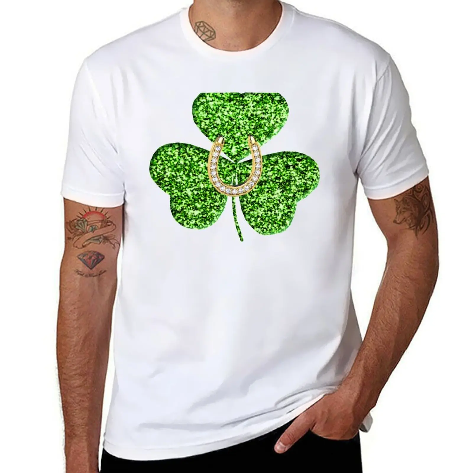 

Faux Green Glitter Shamrock With A Horseshoe T-Shirt cotton t shirts man 100% T-Shirt