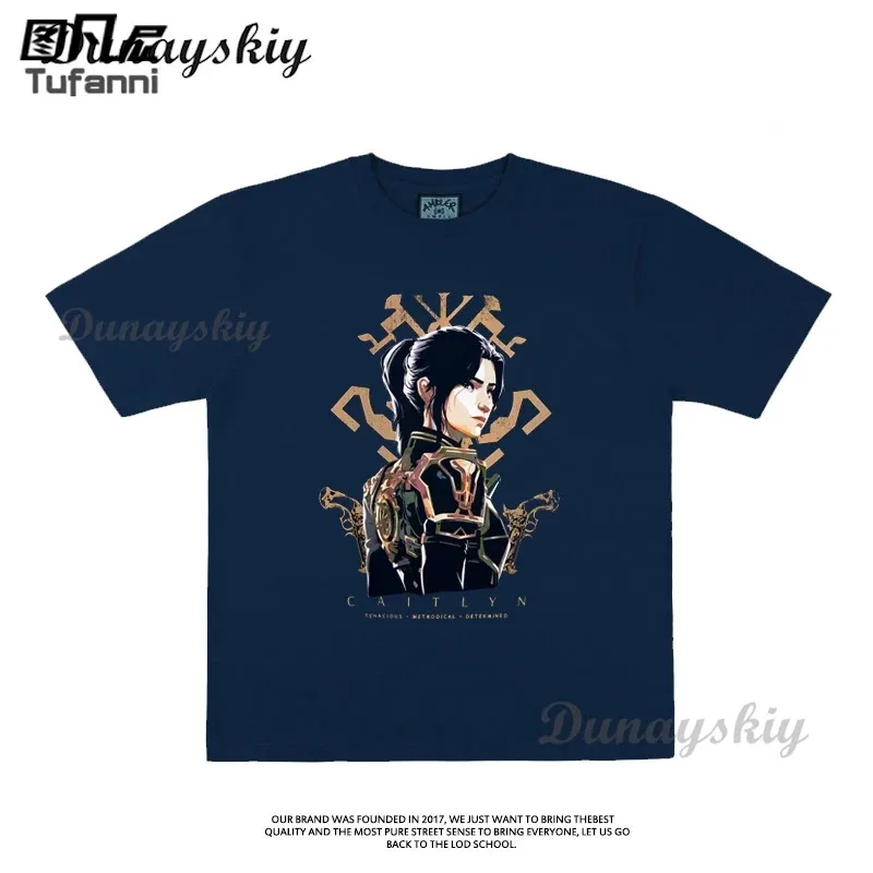 Футболка для косплея Arcane Caitlyn Vi, винтажная хлопковая футболка с рисунком аниме, повседневная уличная одежда с принтом на заказ, эстетические рубашки с героями мультфильмов