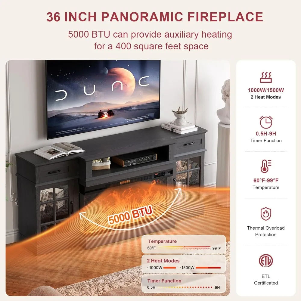 حامل تلفزيون حديث 70 مع مدفأة زجاجية ثلاثية الجوانب، مركز وسائط خشبية مضيئة بإضاءة LED