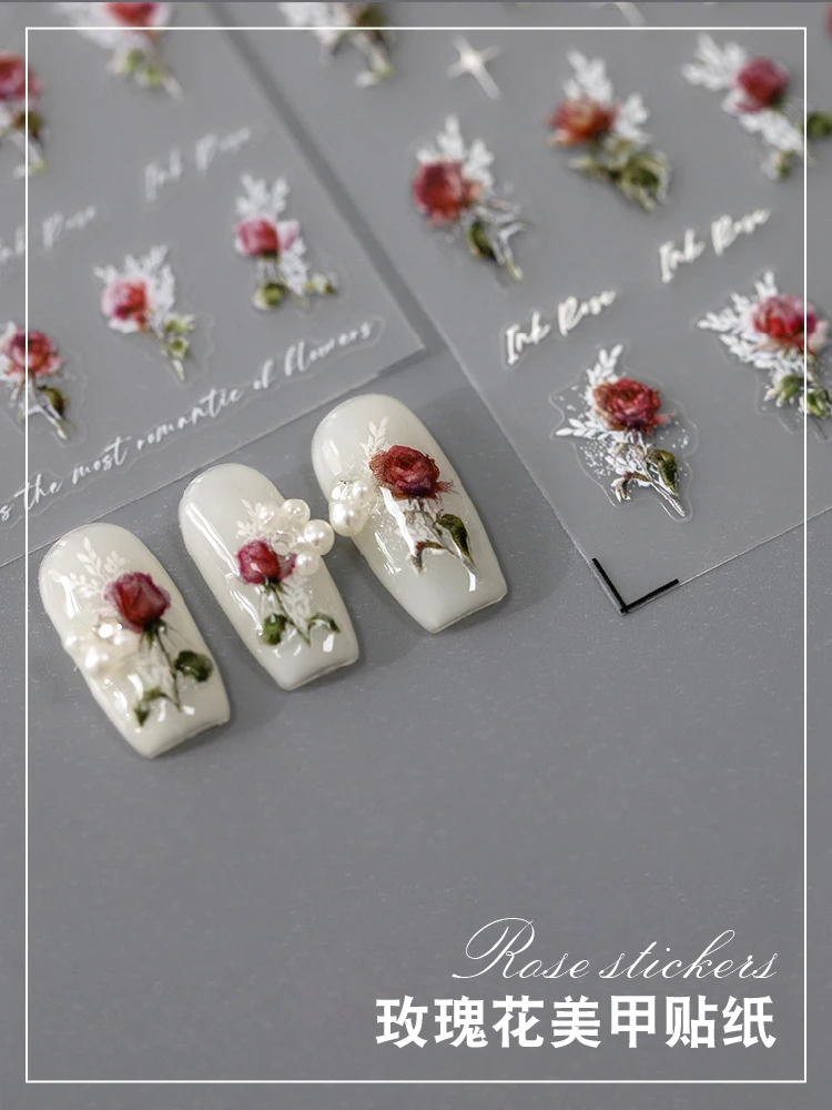 1pc Retor Chic White Rose Flower Black Red Romantic Valentine's Day 3D Self Adhesive Nail Art Decoration Sticker Manicure Decal