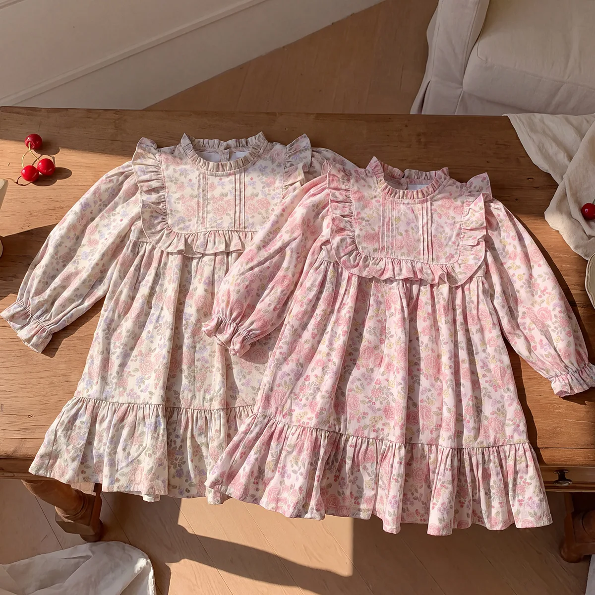 Girls Korean‑Style Stand‑Collar Floral Dress Long‑Sleeve Cotton Dress with Ruffle Trim 2026 Autumn Sweet Kids Dress
