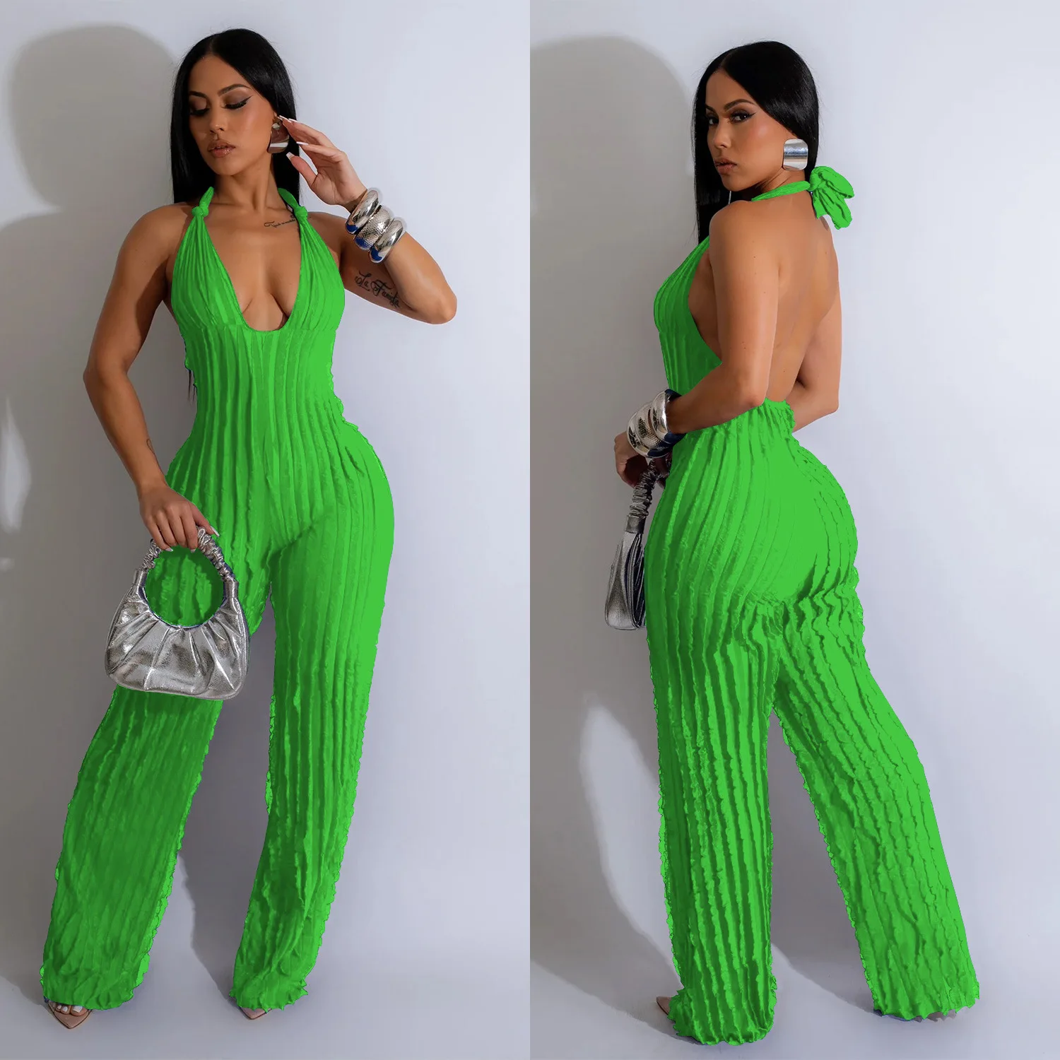 Fashion Sexy Party Gathering Club Prom Solid Color Backless Deep V Pressure Pleated Hanging Neck Jumpsuit Female