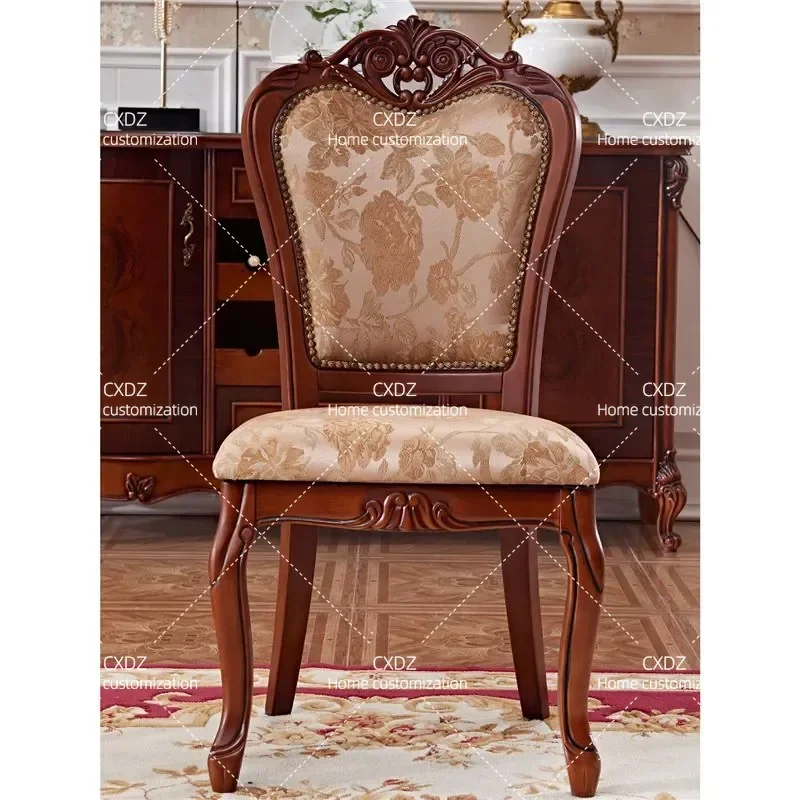 European Solid Wood Dining Chair Carved Back Living Room Fabric Seat Cushion Retro Furniture Photography Negotiation Chair