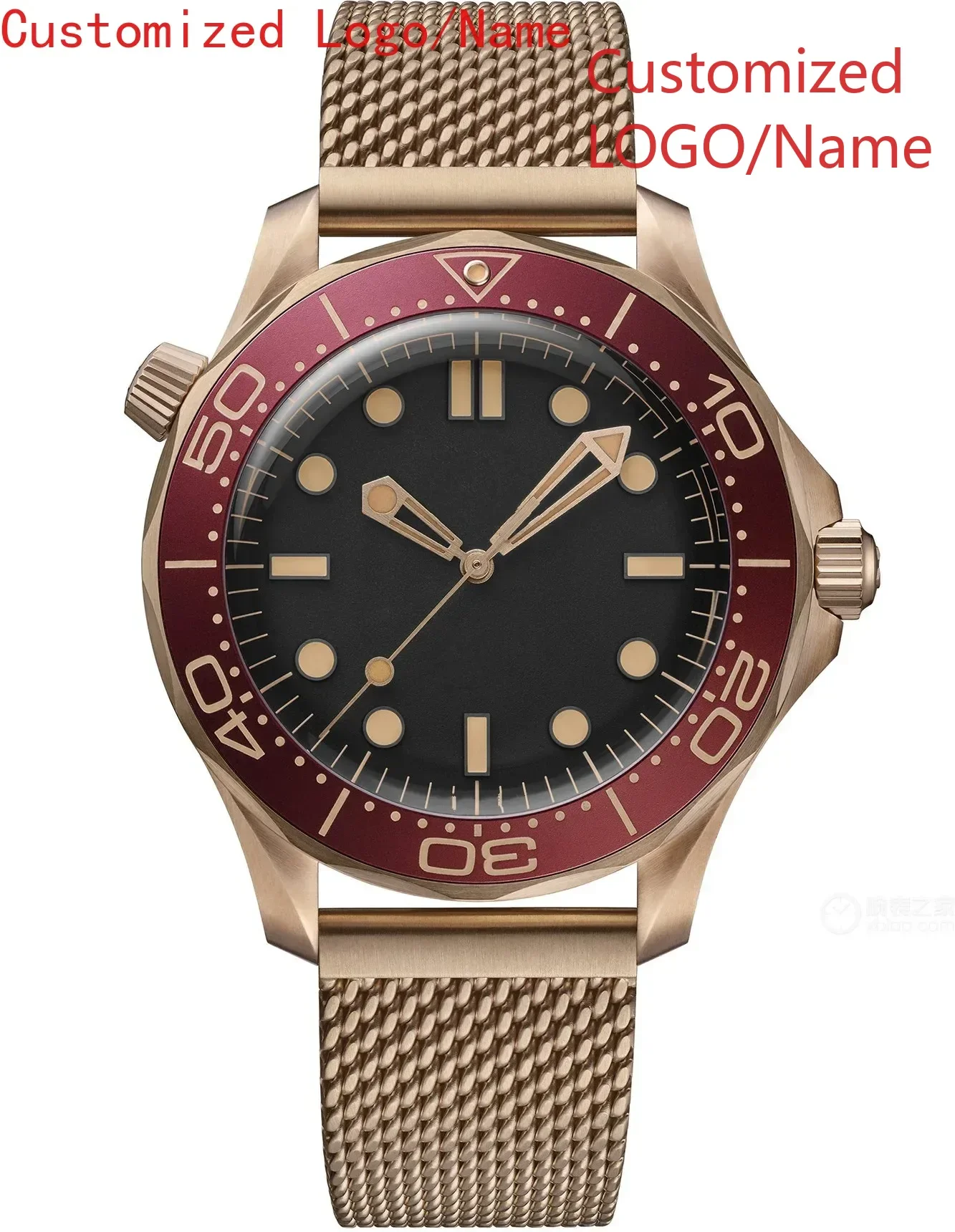 Relógio mecânico automático masculino, aço inoxidável, ouro rosa, moldura de cerâmica vermelha, relógio de pulso de borracha de safira 42mm