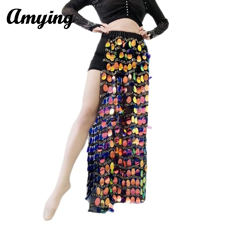 2024 Women Sexy Belly Dance Sequin Long Skirts Ladies Mermaid Wrapped Hip Long Dress Belly Dance Stage Performance Practice Suit